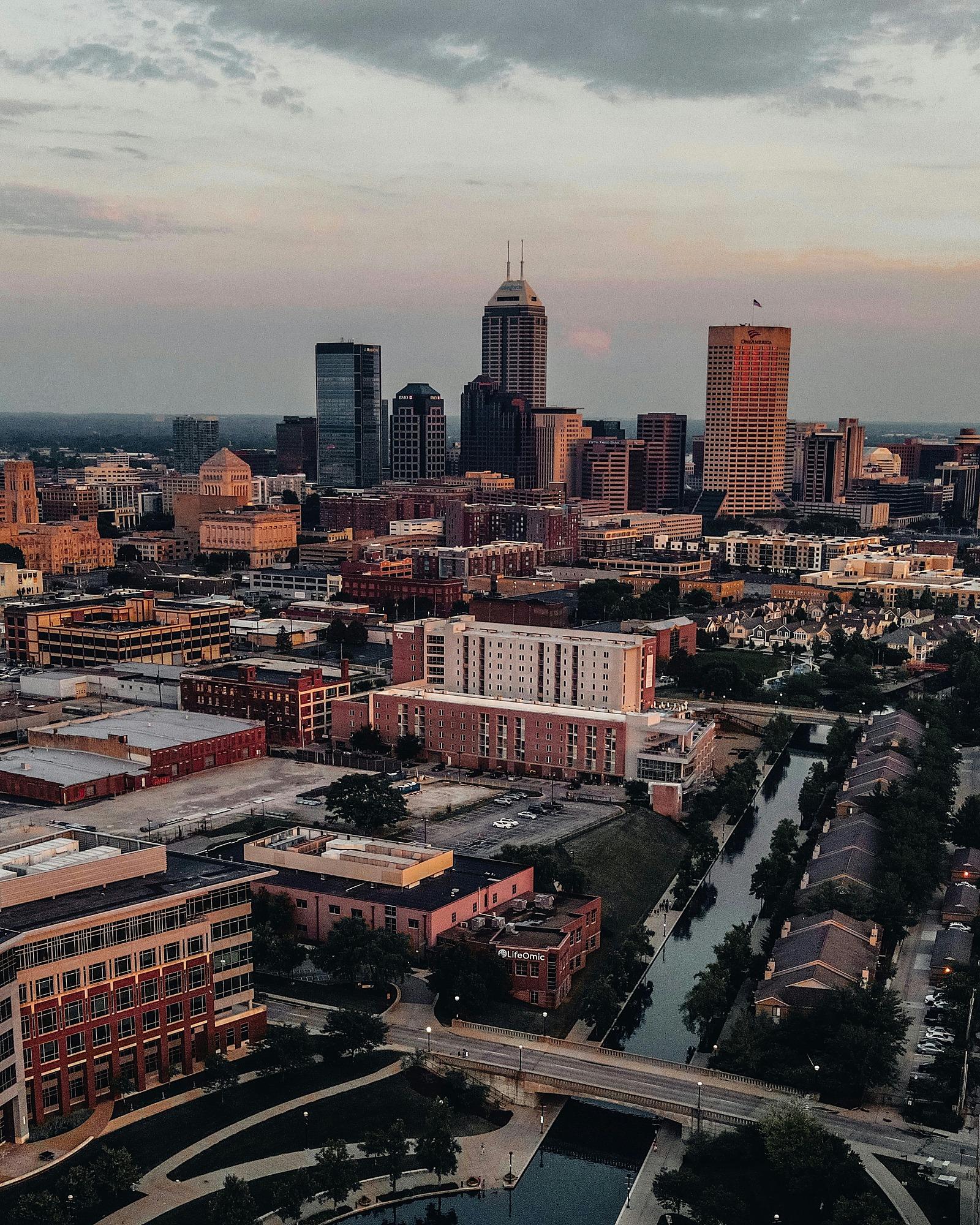 sz-hero-indianapolis-skyline-v2 Aerial dusk view of downtown Indianapolis skyline and canal